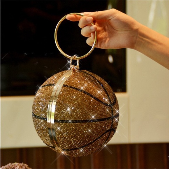 Large Gold Black basketball rhinestone crystal clutch purse Sports wristlet - Picture 3 of 11
